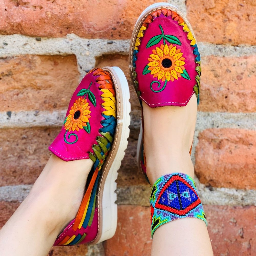 Colorful Leather Huarache Sandals with Sunflower Design